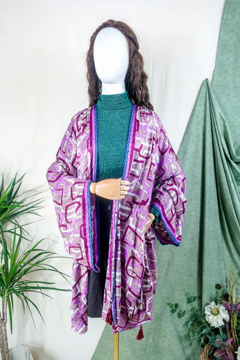 Karina Kimono Jacket - Vintage Sari - Geometric Dusted Rose - Free Size XL