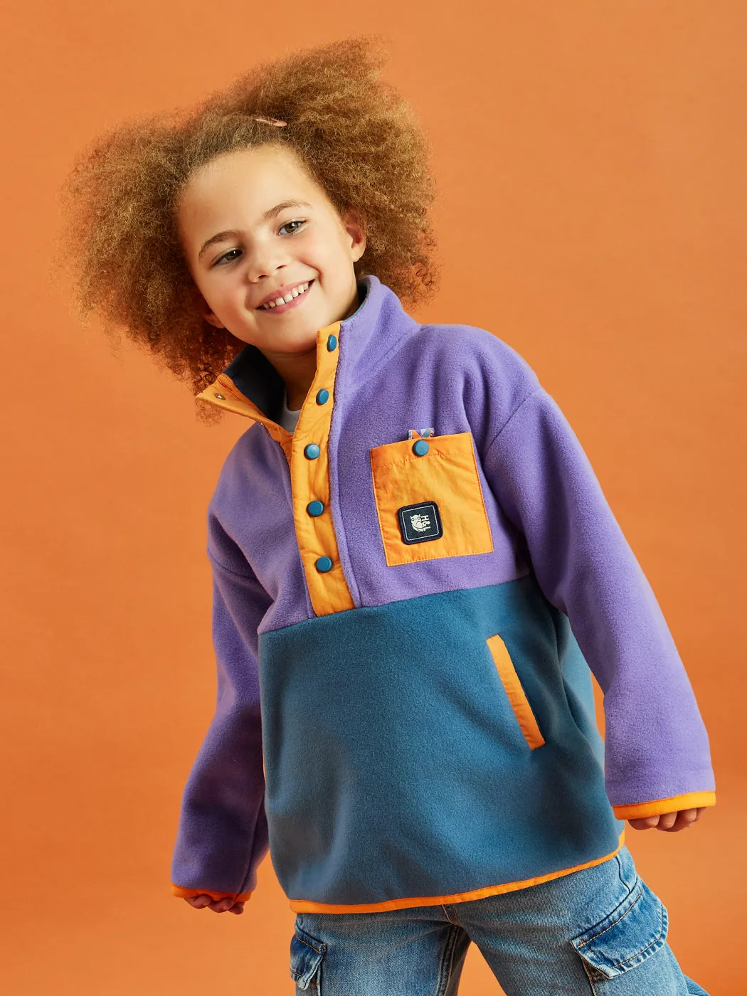 Kids Aries Popper Neck Fleece Petrol & Deep Purple