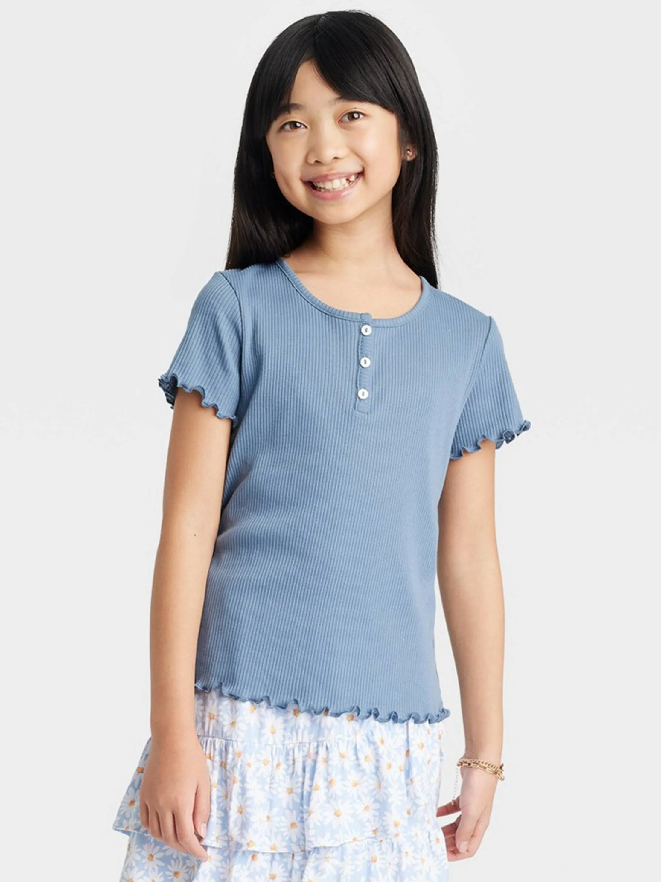 Kids Girl Ribbed Henley Top,Blue