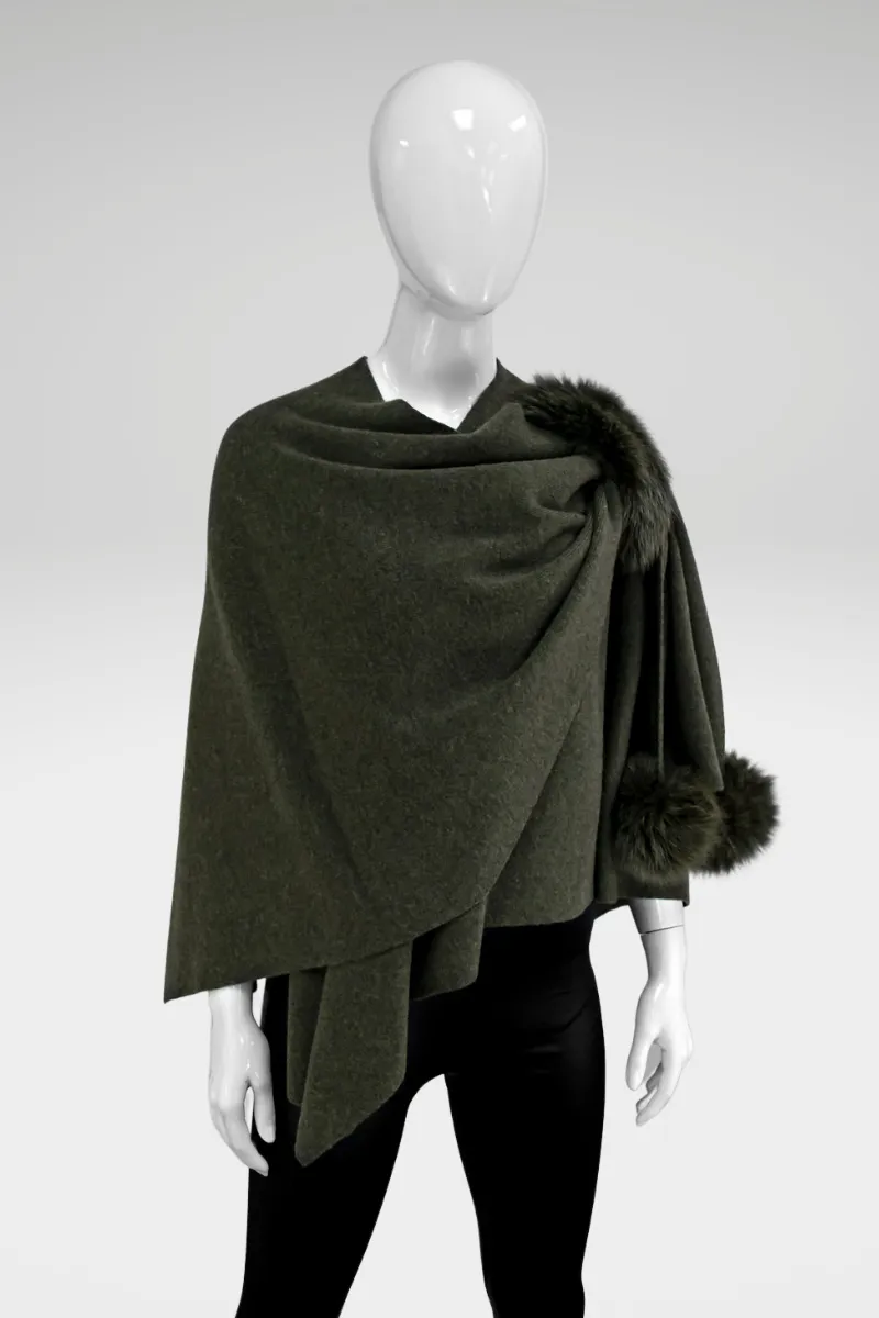 Knitted Wrap with Pull Through Loop and Fox Fur Trim