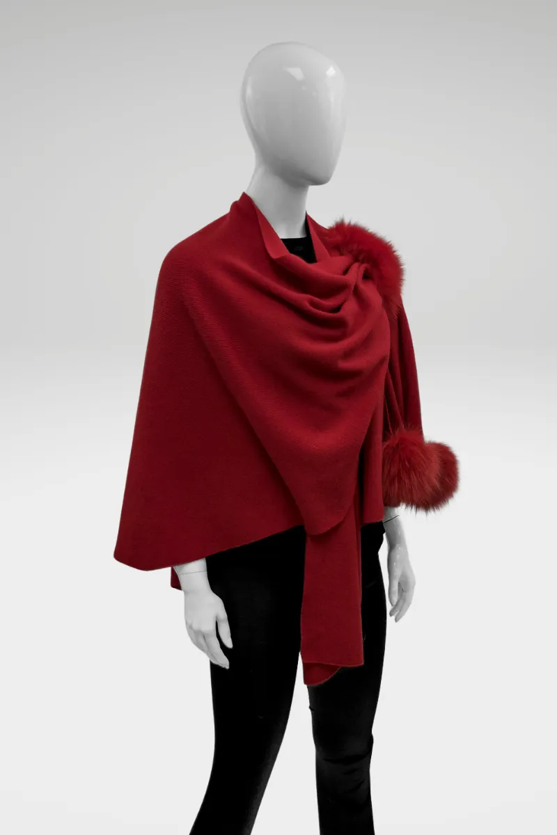 Knitted Wrap with Pull Through Loop and Fox Fur Trim