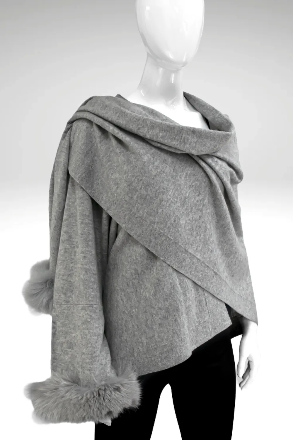 Knitted Wrap with Pull Through Loop and Fox Fur Trim