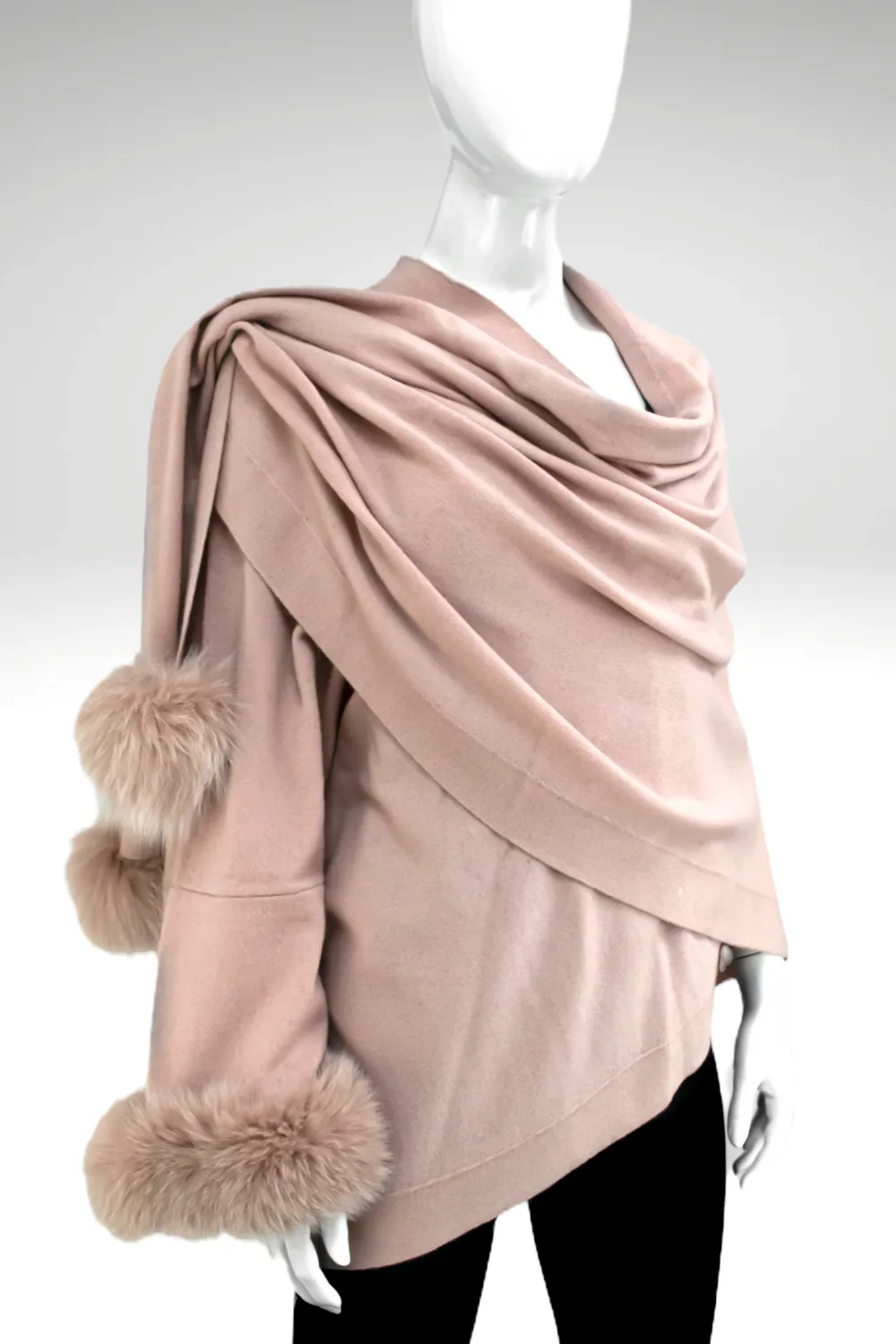 Knitted Wrap with Pull Through Loop and Fox Fur Trim