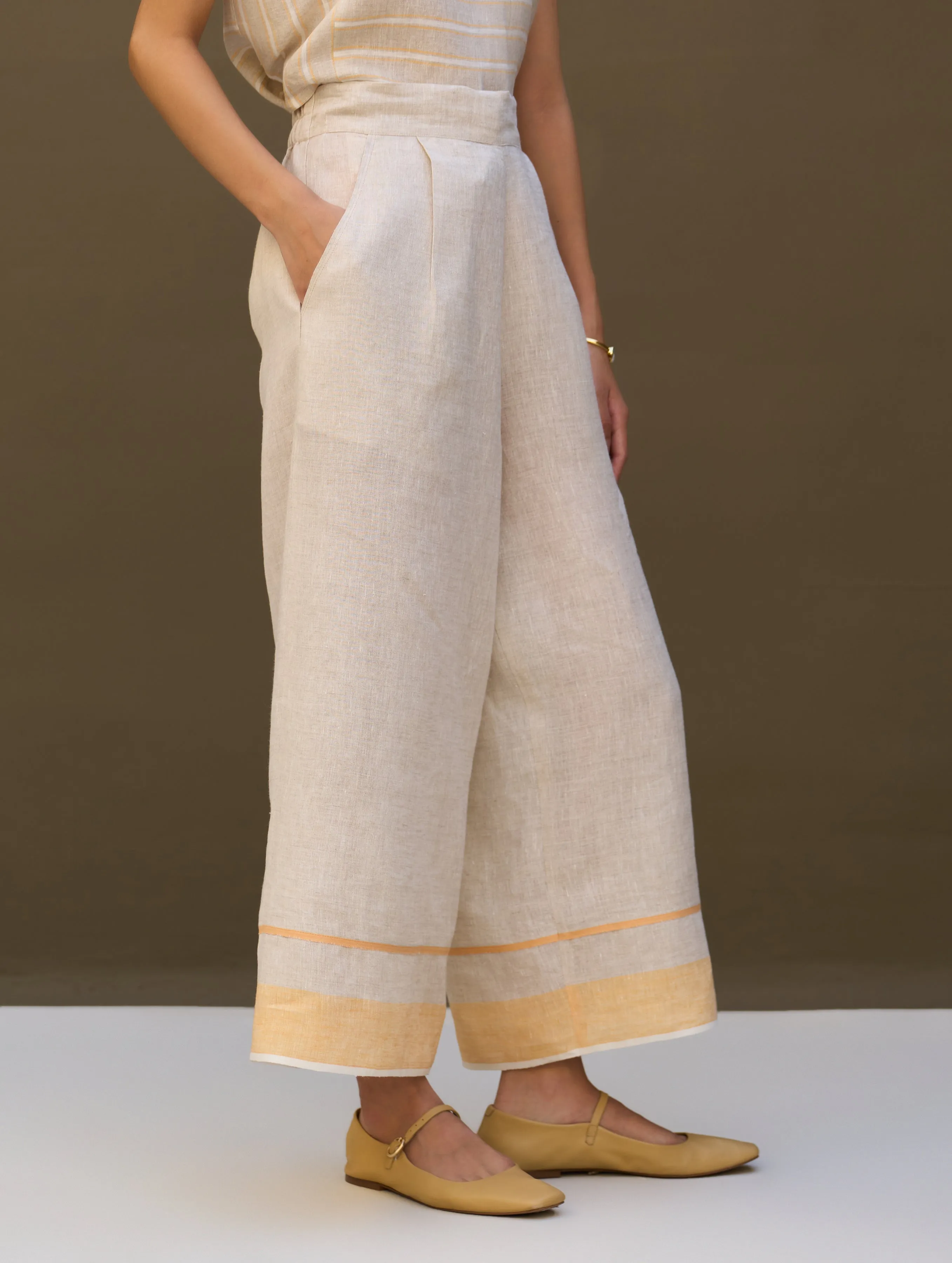 Mara Border Linen Pant - Natural