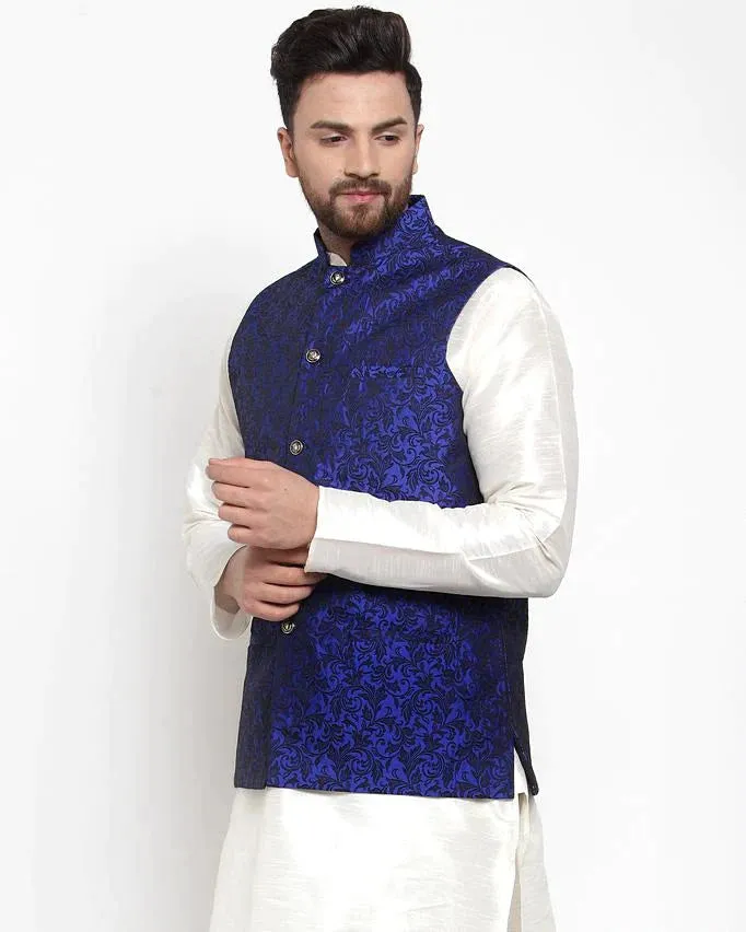 Men Blue-Coloured & Black Woven Design Nehru Jacket