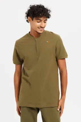 Men Green Plain Henley Collared Polo Shirt