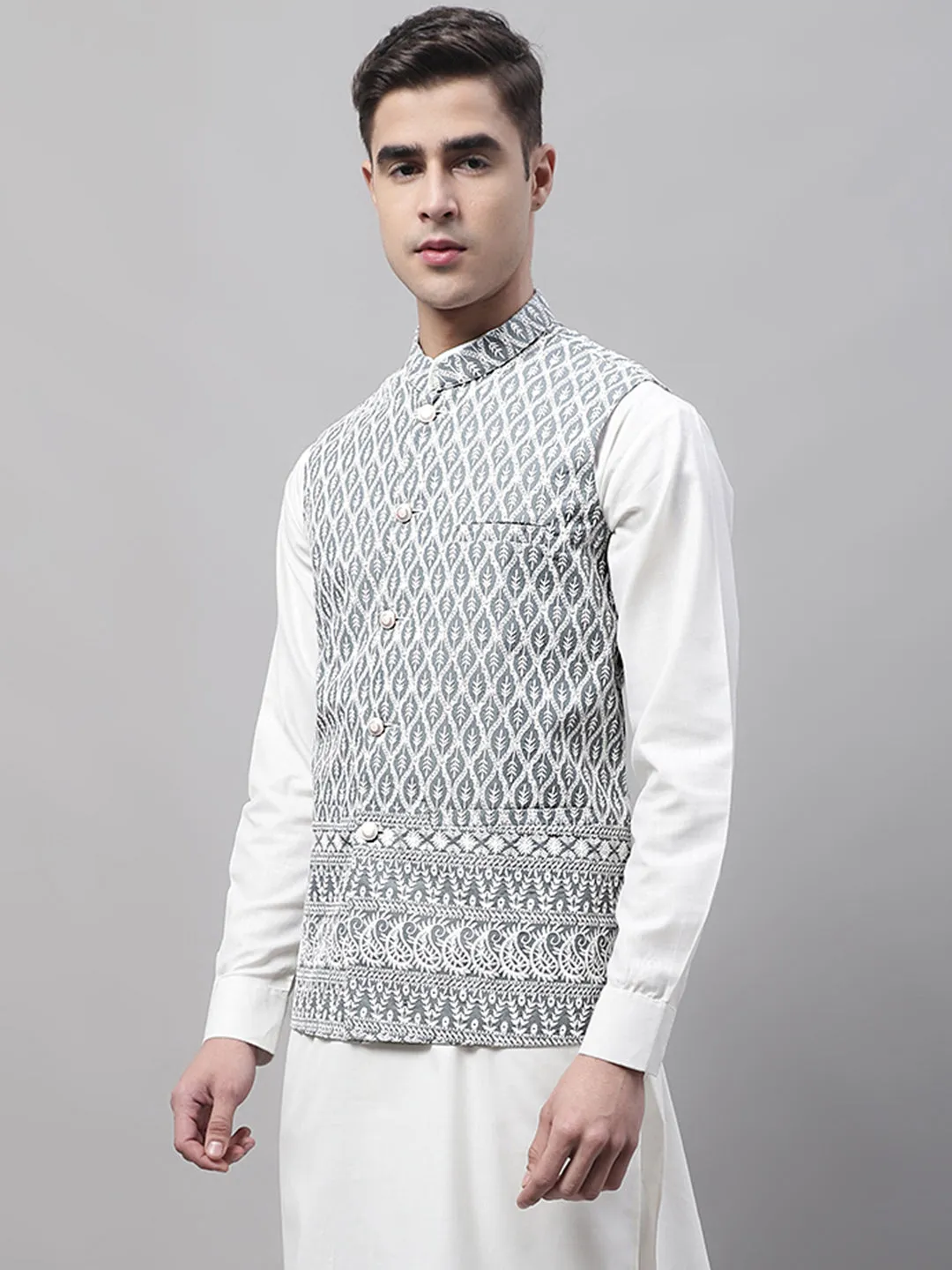 Men Grey And White Embroidered Waistcoats