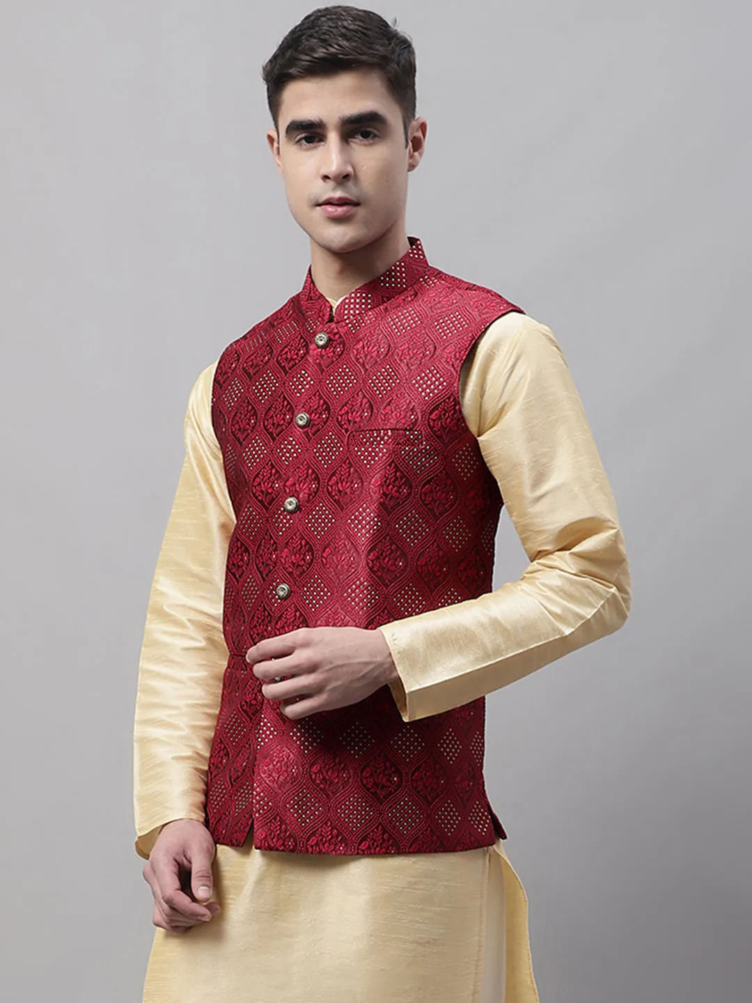 Men Maroon Woven Design Waistcoats