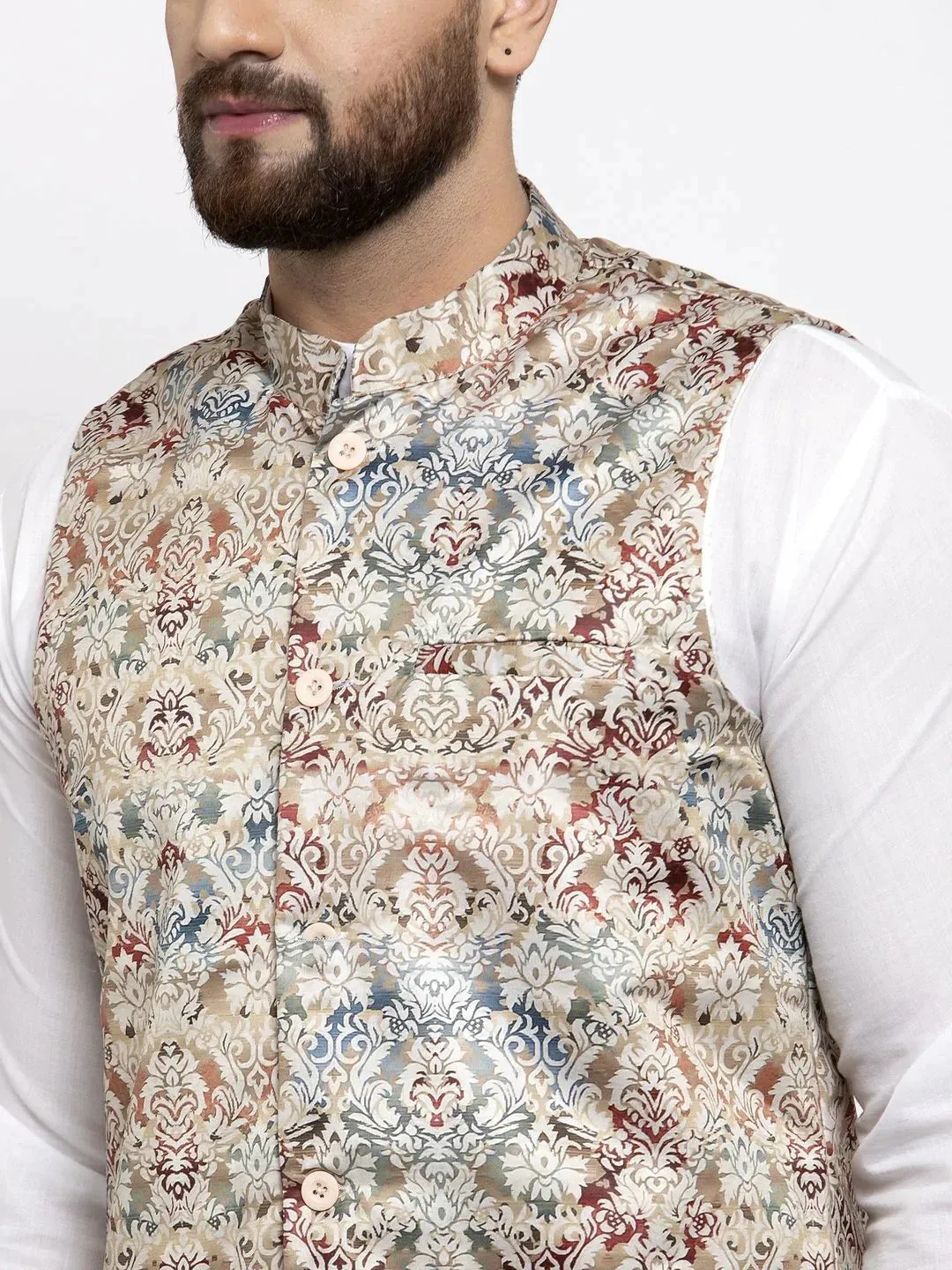 Men Multicolored Printed Satin Nehru Jacket