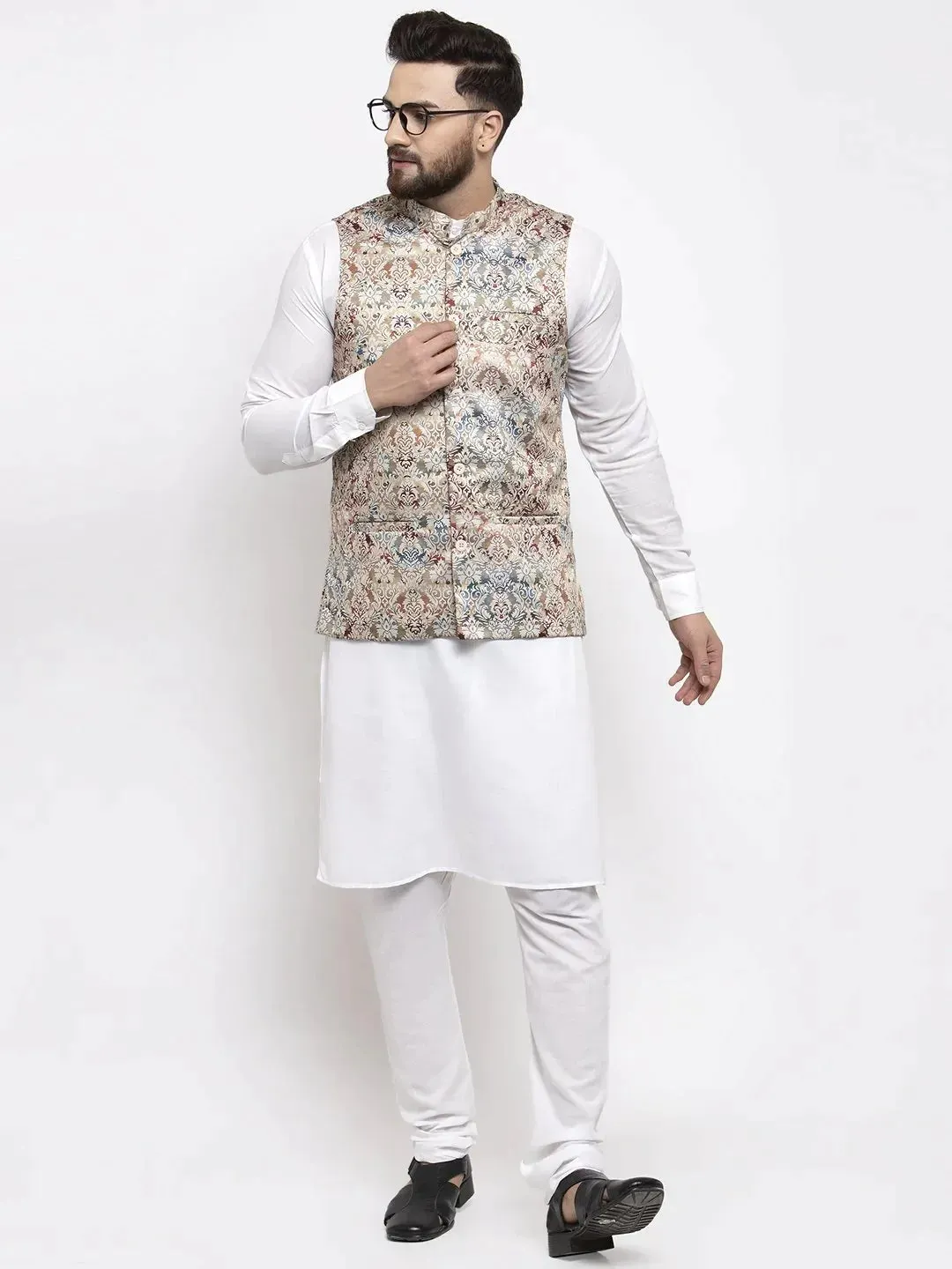 Men Multicolored Printed Satin Nehru Jacket