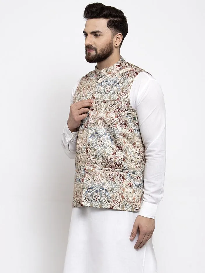 Men Multicolored Printed Satin Nehru Jacket