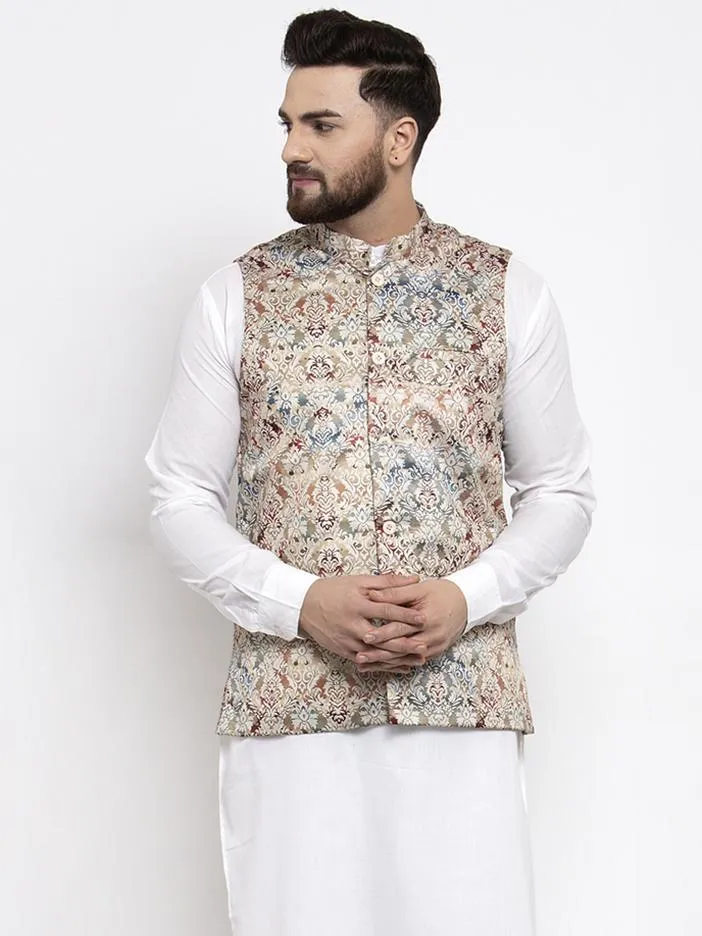 Men Multicolored Printed Satin Nehru Jacket