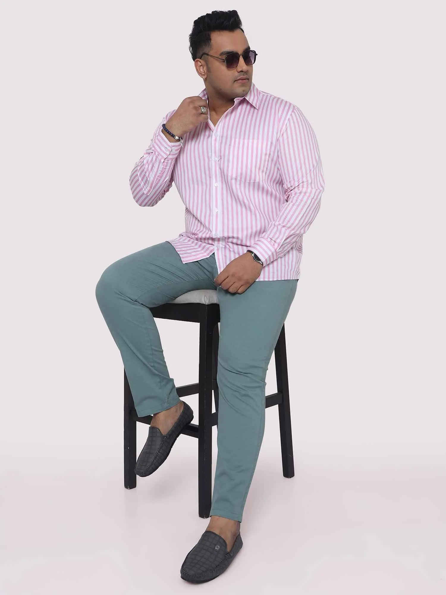 Men Plus Size Pink & White Striped Digital Printed Full Shirt