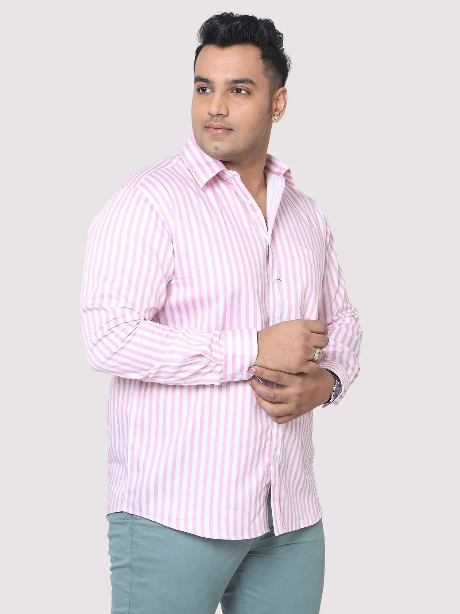 Men Plus Size Pink & White Striped Digital Printed Full Shirt