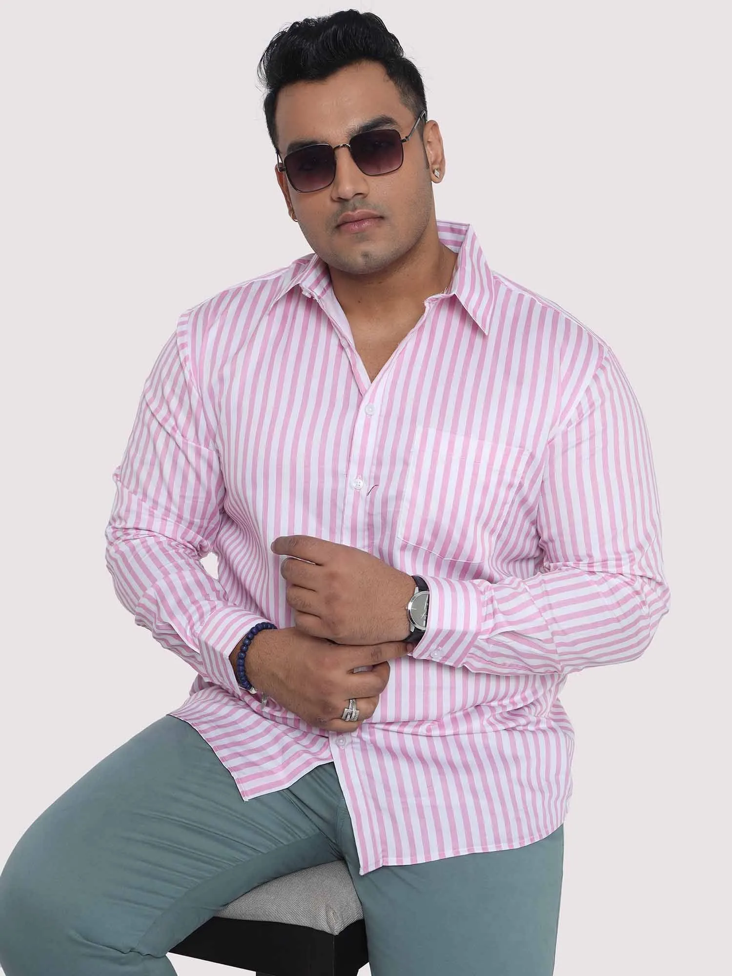 Men Plus Size Pink & White Striped Digital Printed Full Shirt