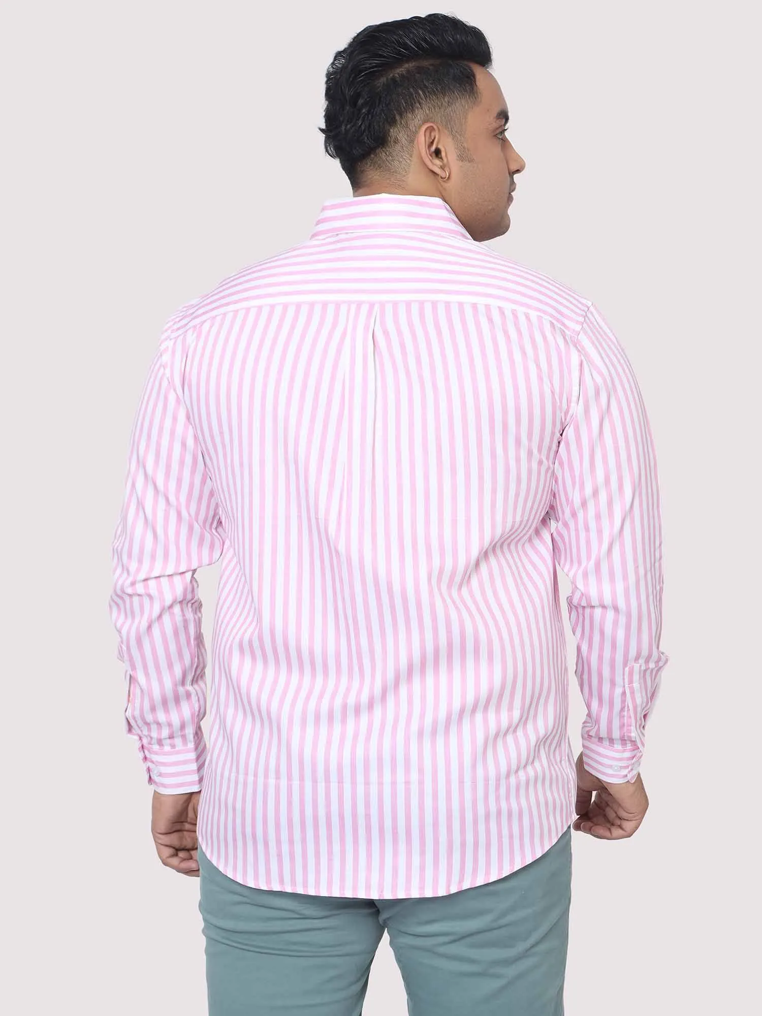 Men Plus Size Pink & White Striped Digital Printed Full Shirt