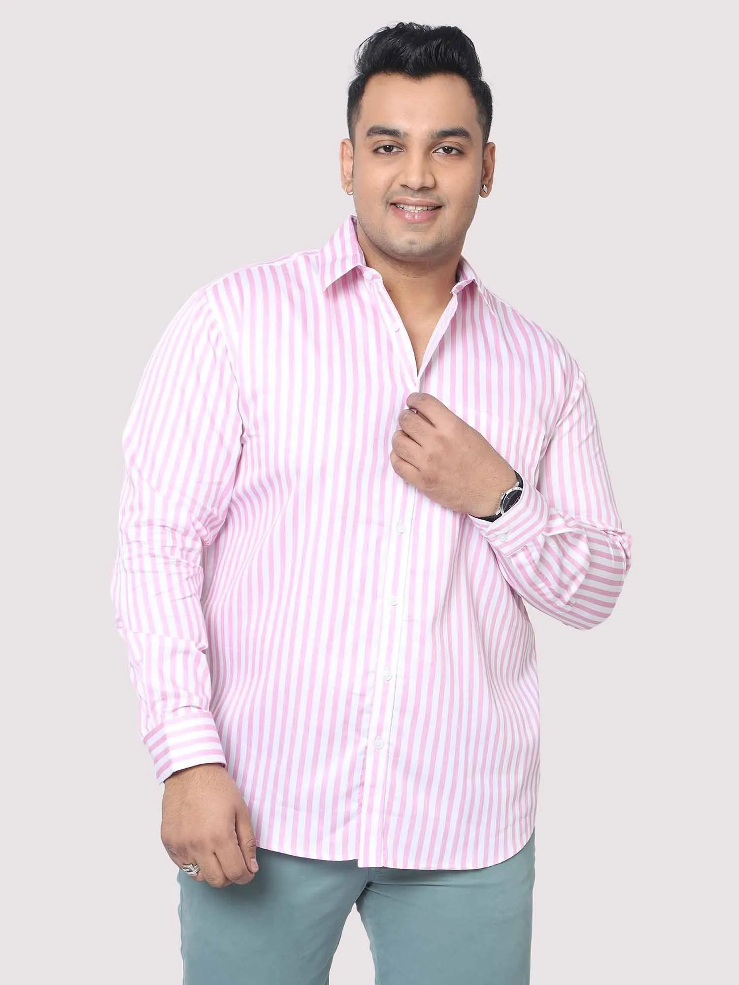 Men Plus Size Pink & White Striped Digital Printed Full Shirt