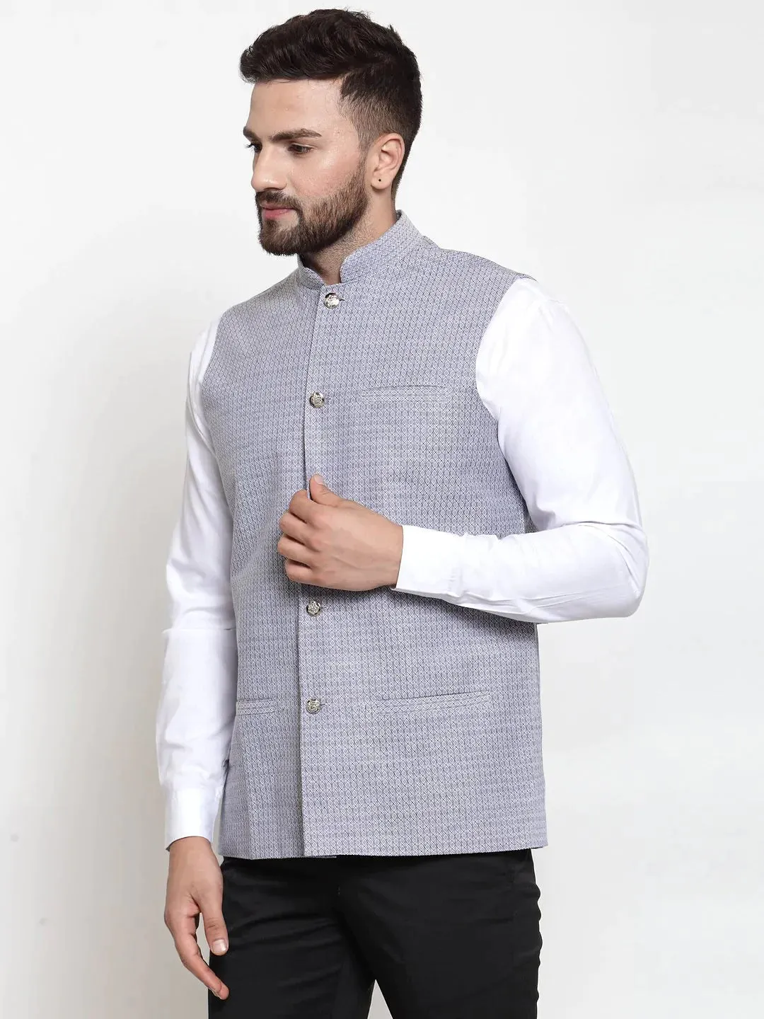 Men Steel-Blue Woven Design Nehru Jacket