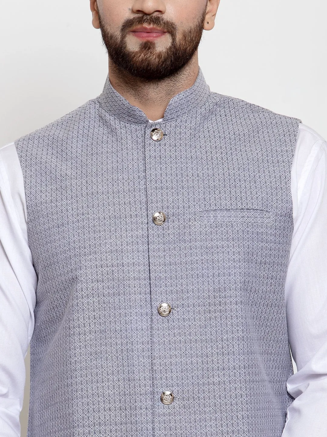 Men Steel-Blue Woven Design Nehru Jacket