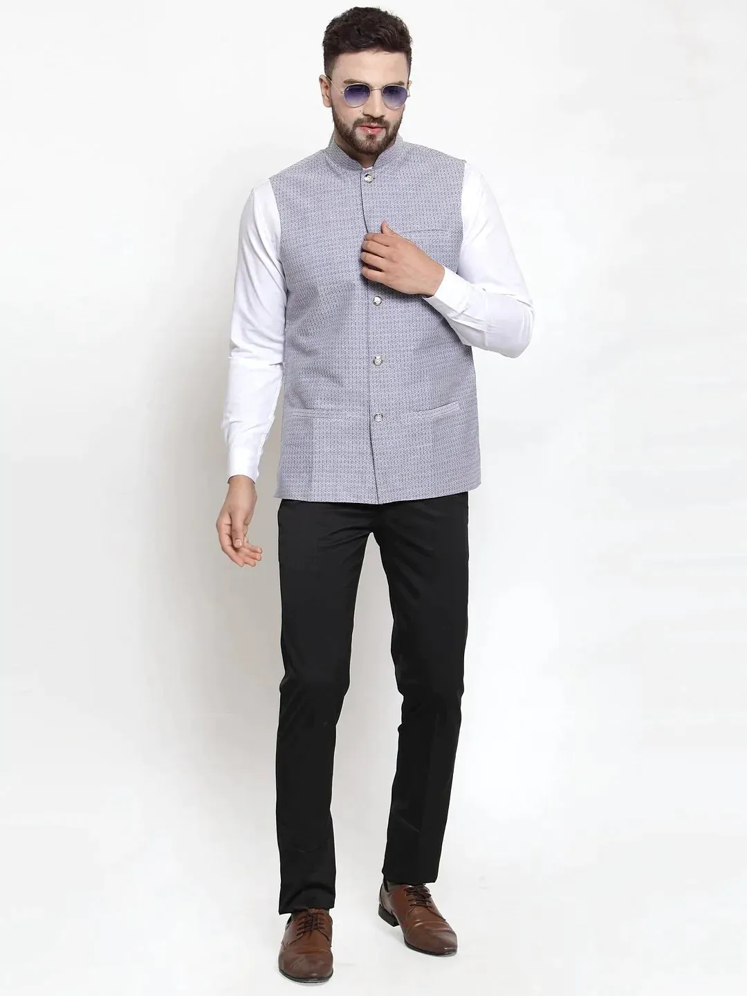 Men Steel-Blue Woven Design Nehru Jacket