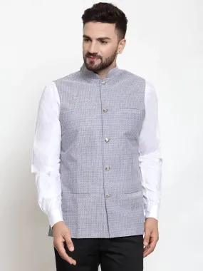 Men Steel-Blue Woven Design Nehru Jacket