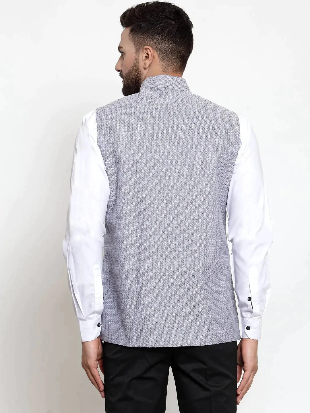 Men Steel-Blue Woven Design Nehru Jacket