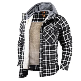 Men Warm Jacket Fleece Lining Lumberjack Plaid Hooded Jackets Snap Button