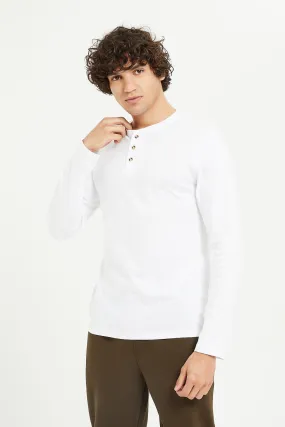 Men White Long Sleeve Henley Shirt