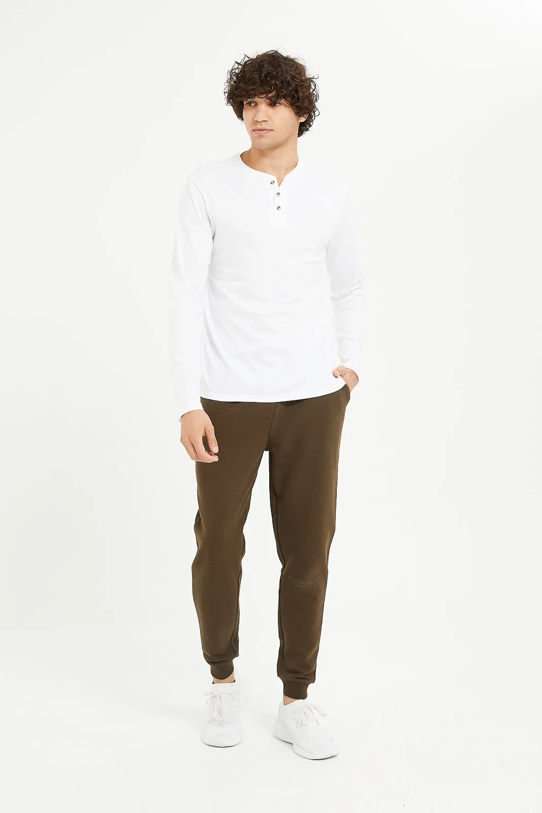 Men White Long Sleeve Henley Shirt