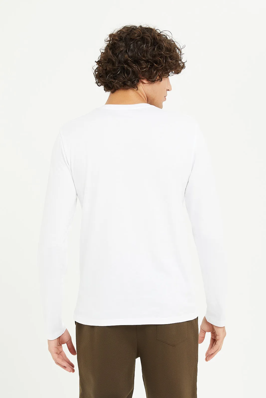 Men White Long Sleeve Henley Shirt