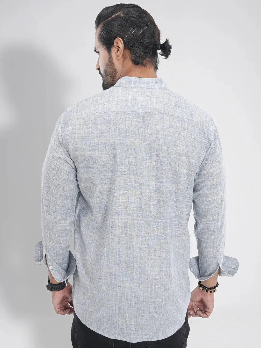 Men's Band Collar Casual Full Sleeve Shirt in Cloud Gray