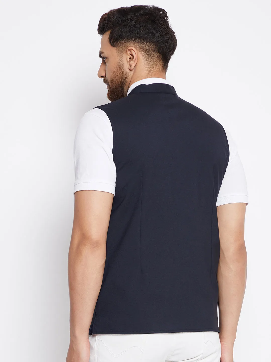 Men's Blue Woven Design Nehru Jacket - Even Apparels