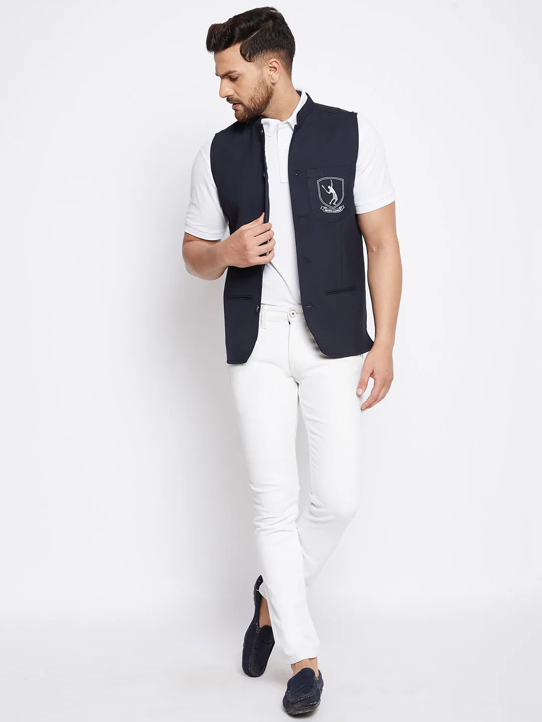 Men's Blue Woven Design Nehru Jacket - Even Apparels