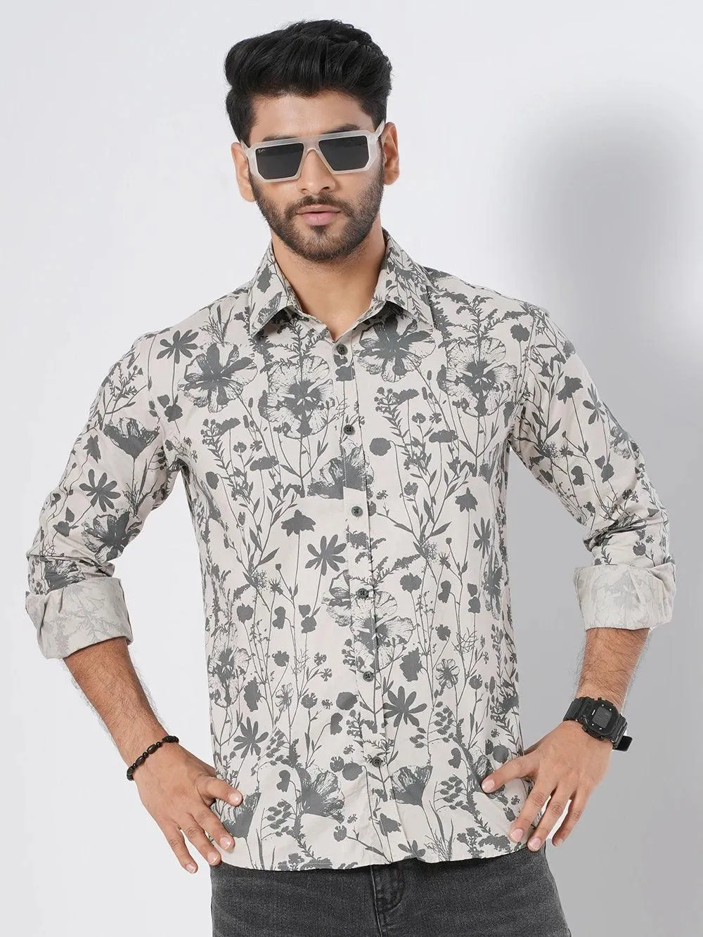 Men's Gray Floral Printed  Full Sleeve Shirt