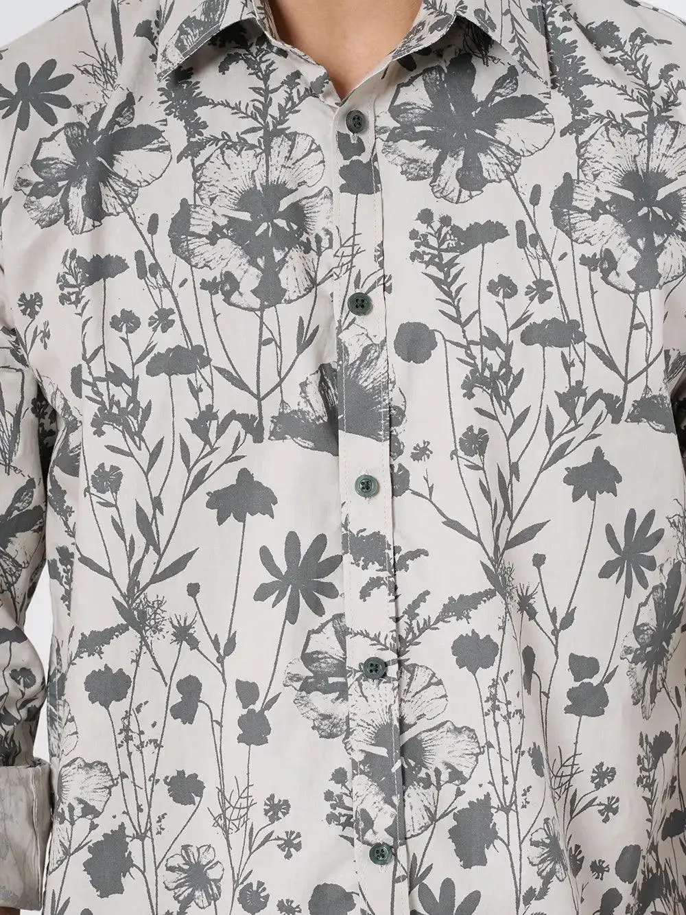 Men's Gray Floral Printed  Full Sleeve Shirt