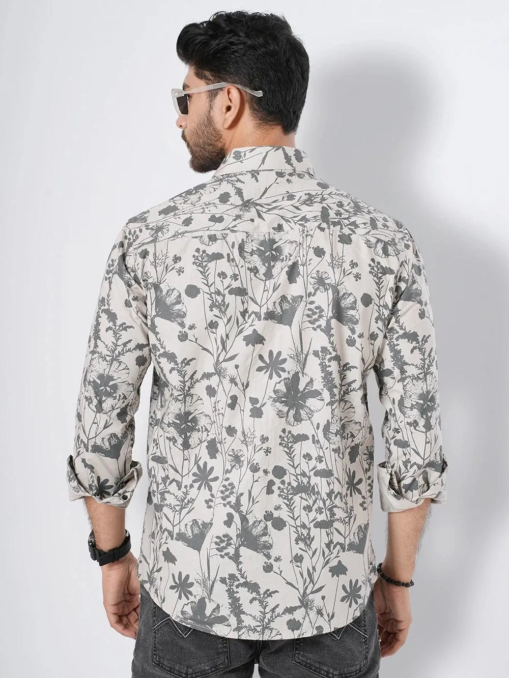 Men's Gray Floral Printed  Full Sleeve Shirt