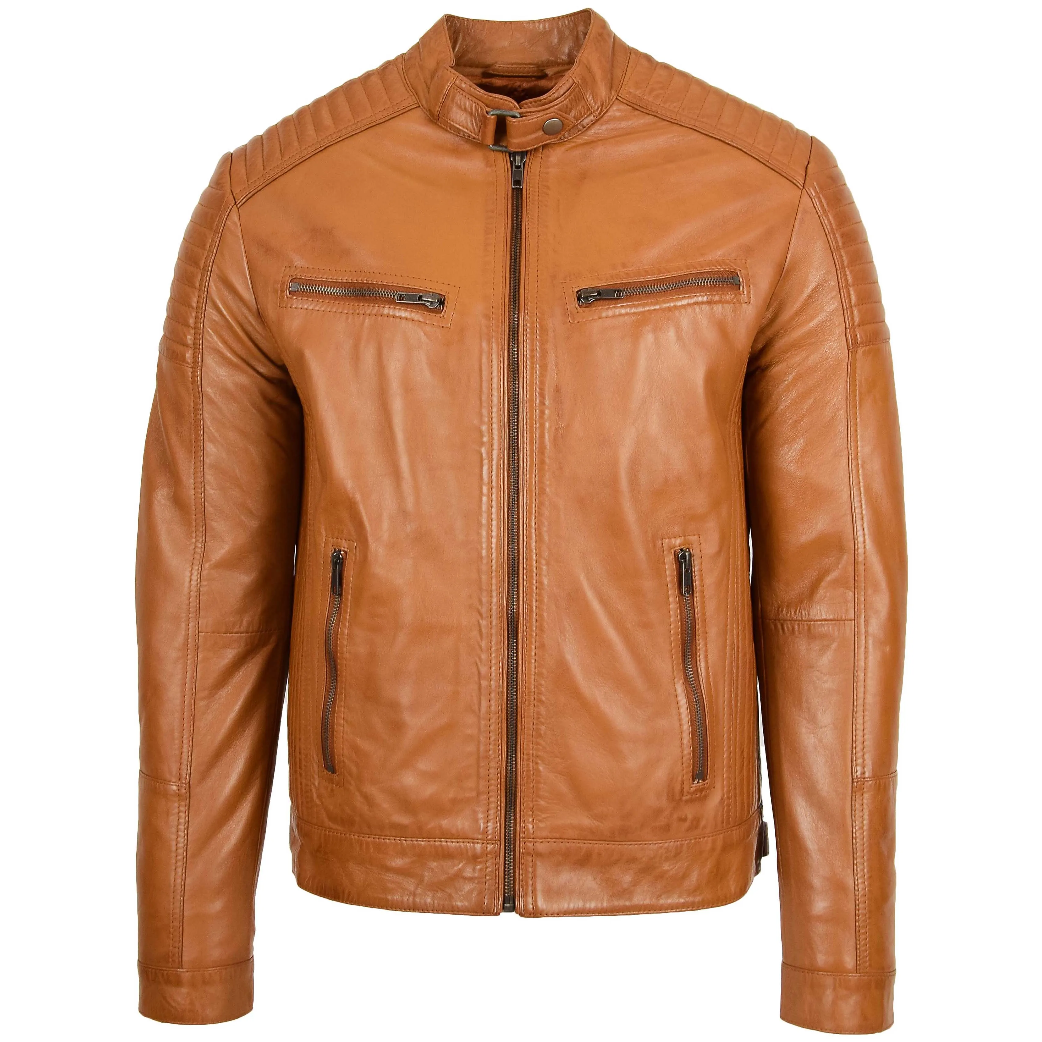 Mens Leather Cafe Racer Biker Jacket Ron Tan