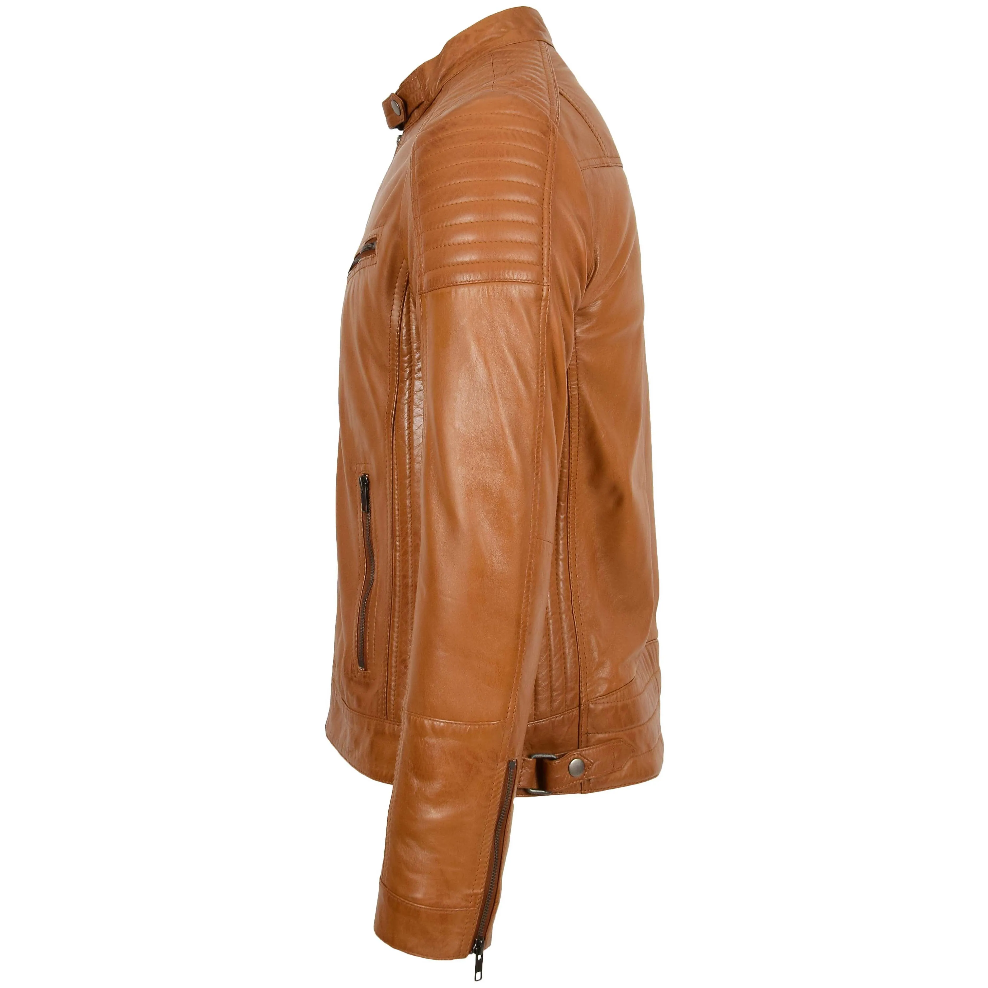 Mens Leather Cafe Racer Biker Jacket Ron Tan