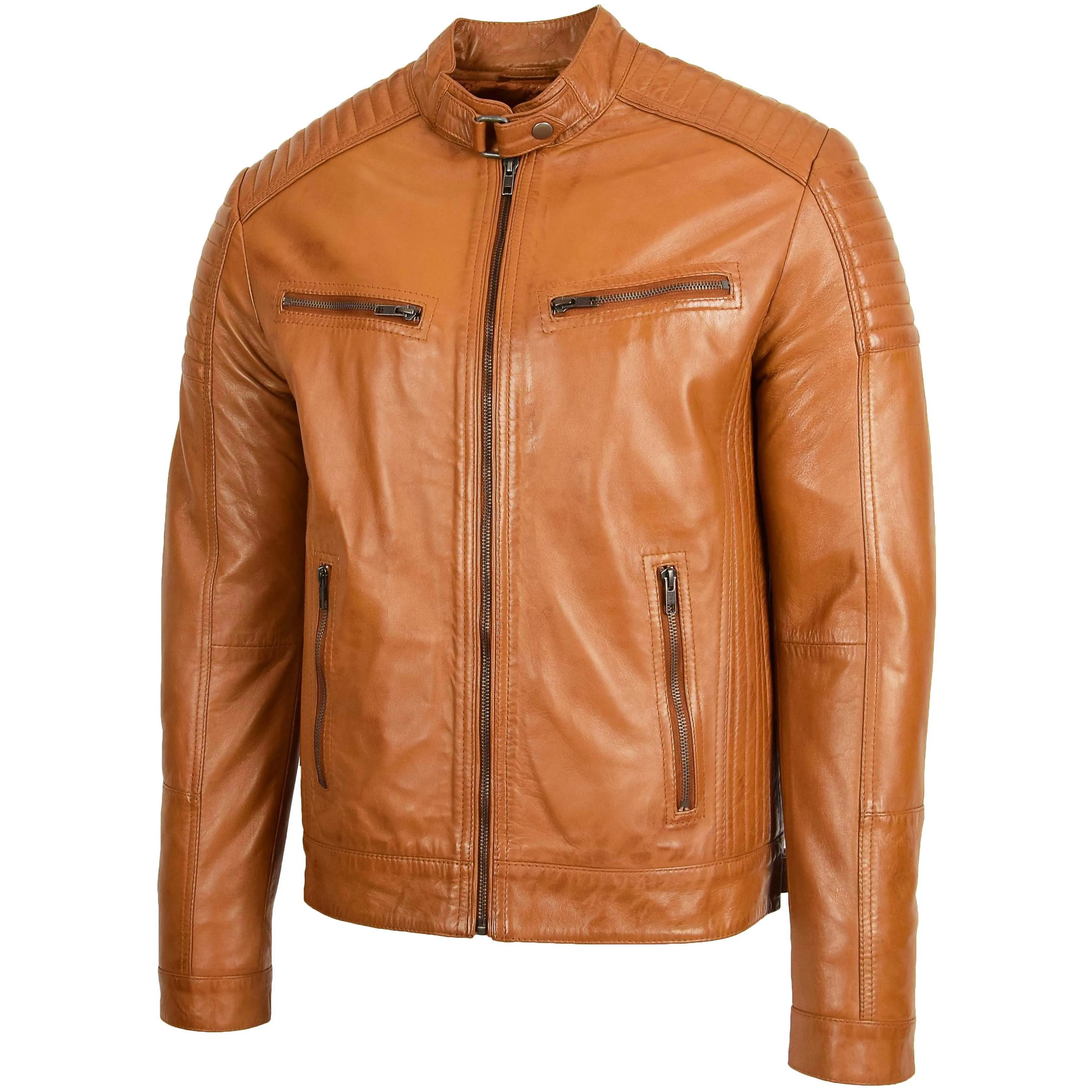 Mens Leather Cafe Racer Biker Jacket Ron Tan