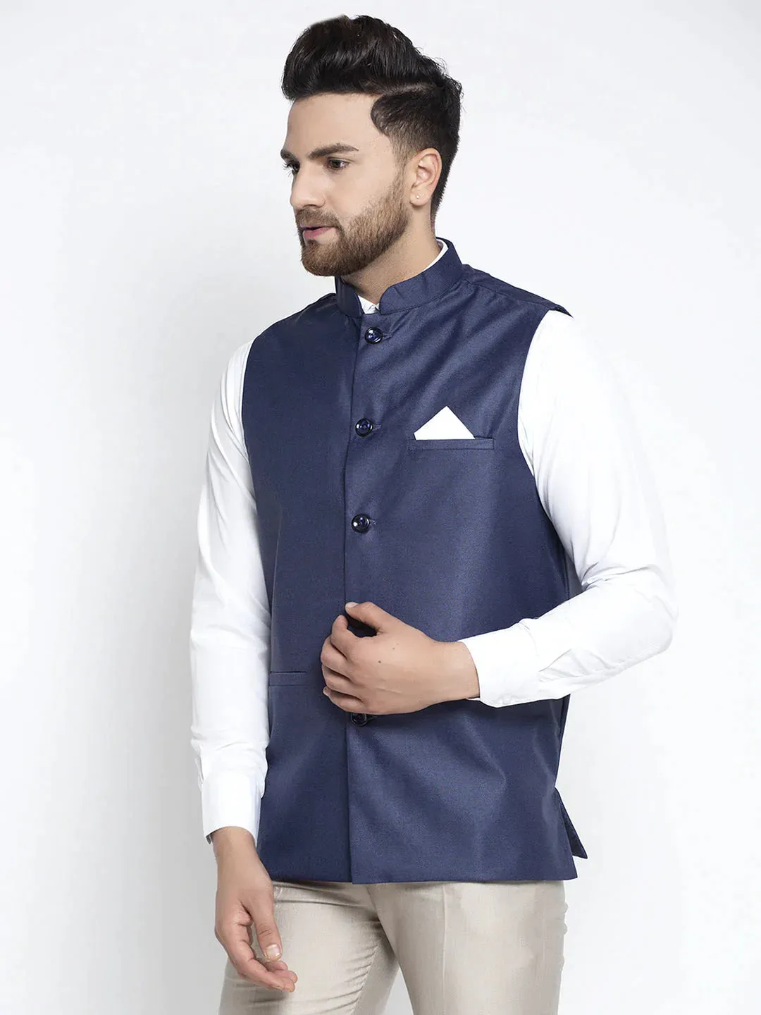 Men'S Navy Blue Solid Nehru Jacket