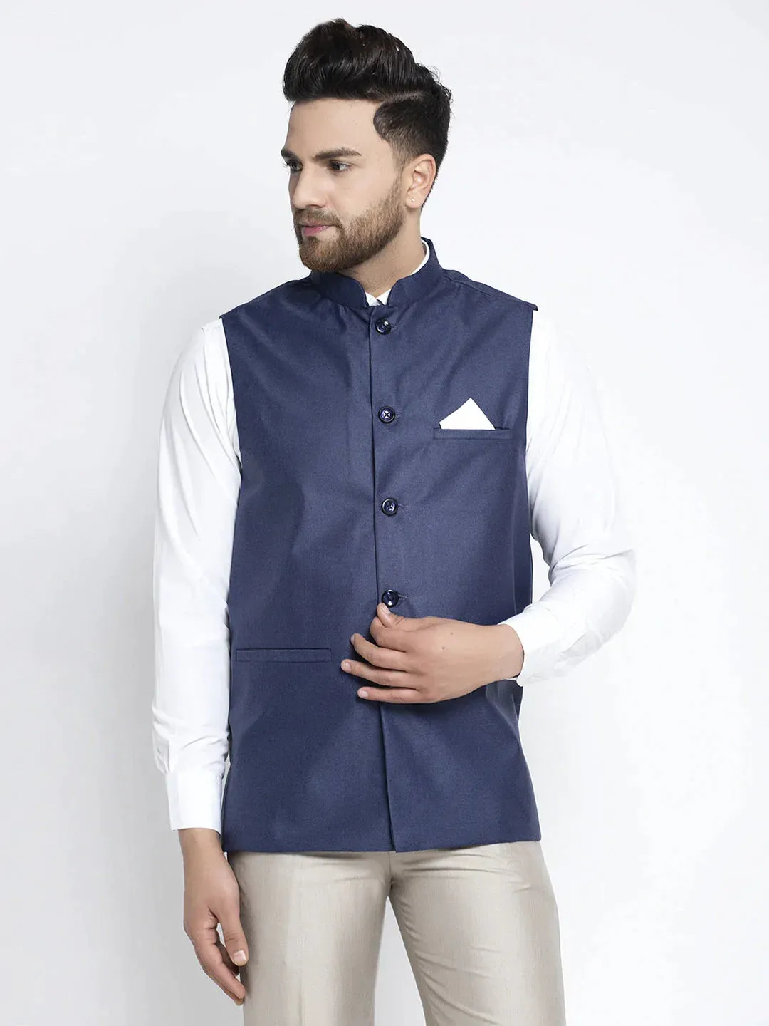 Men'S Navy Blue Solid Nehru Jacket