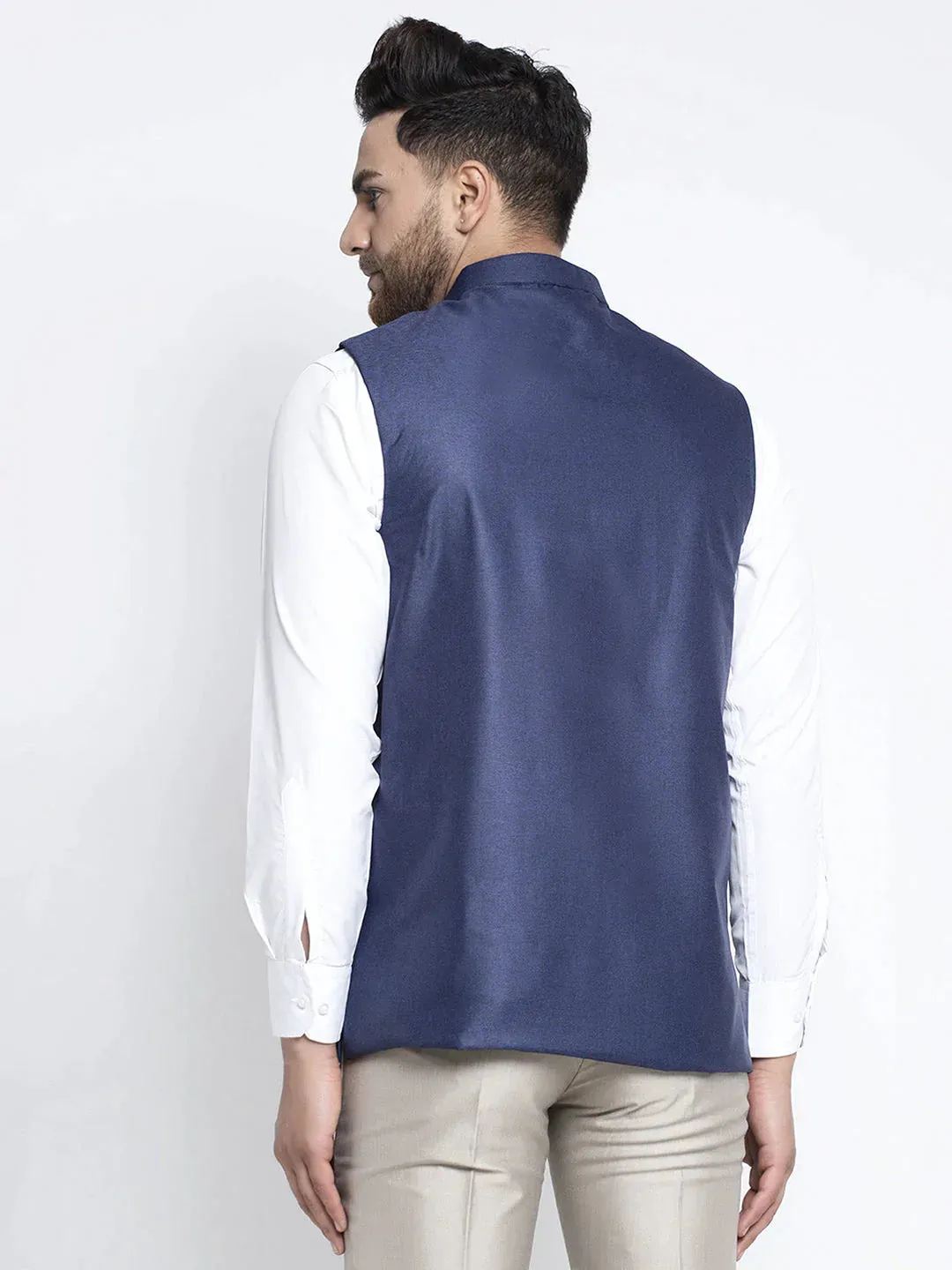 Men'S Navy Blue Solid Nehru Jacket