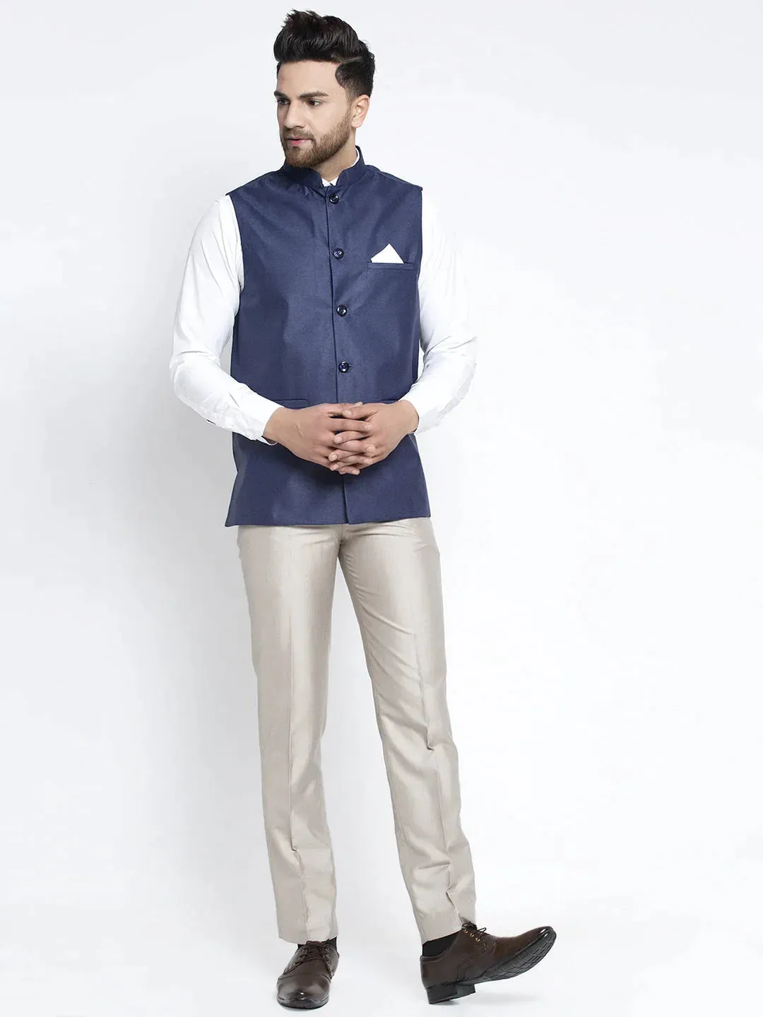 Men'S Navy Blue Solid Nehru Jacket