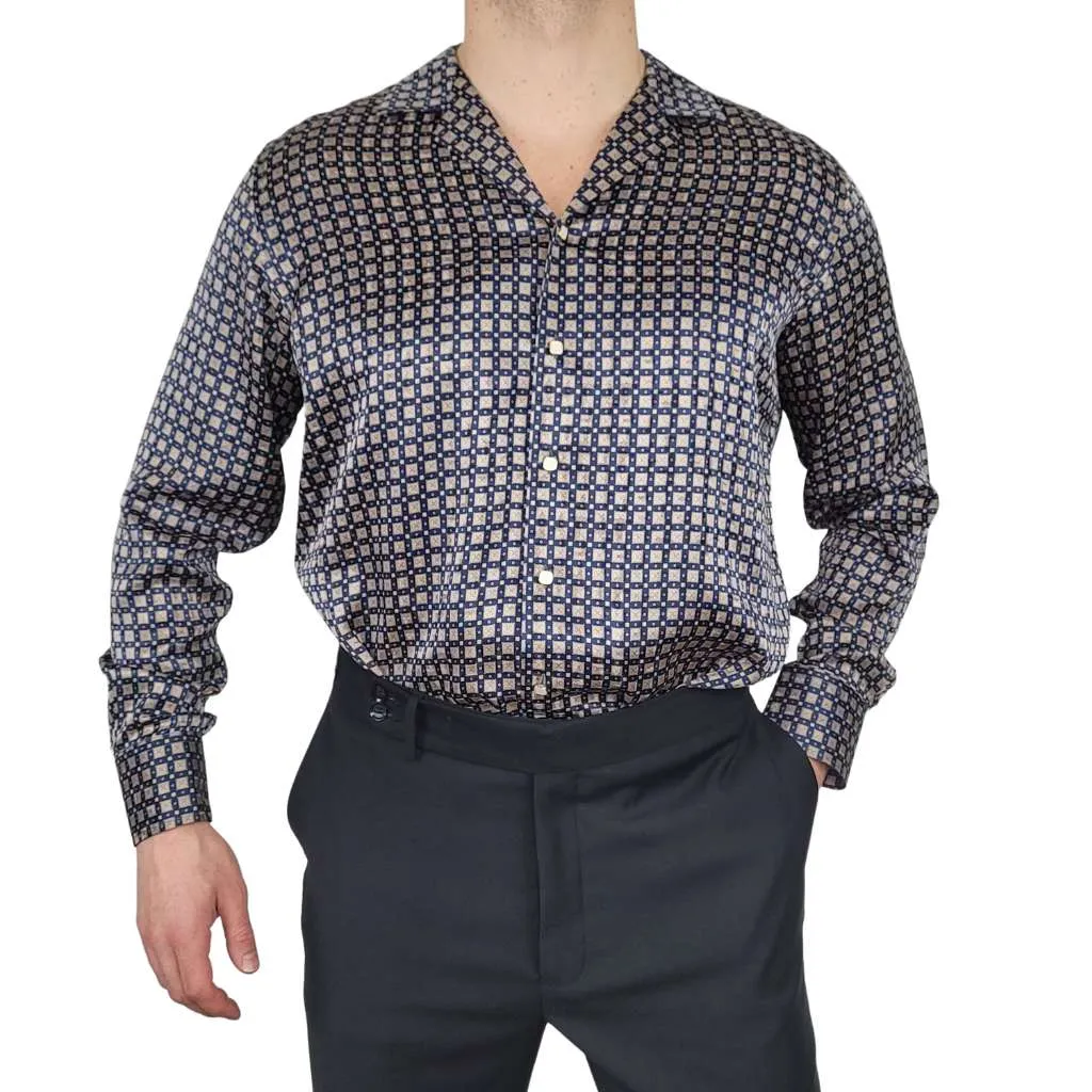 Mens Navy Grid Silk Shirt