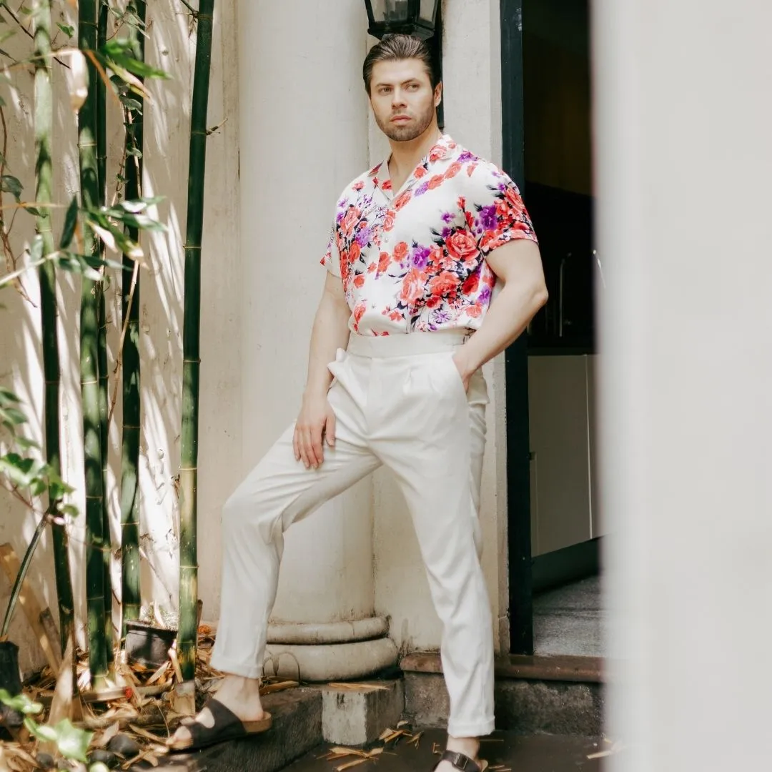 Mens White Floral Short Sleeve Silk Shirt