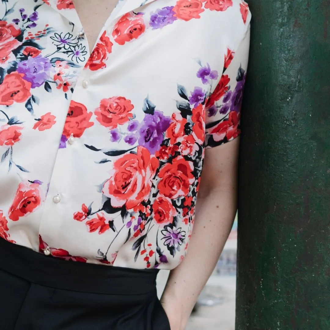 Mens White Floral Short Sleeve Silk Shirt