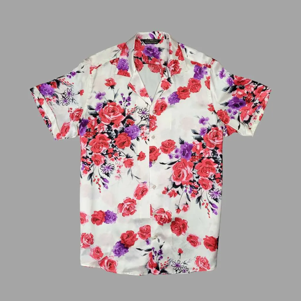 Mens White Floral Short Sleeve Silk Shirt