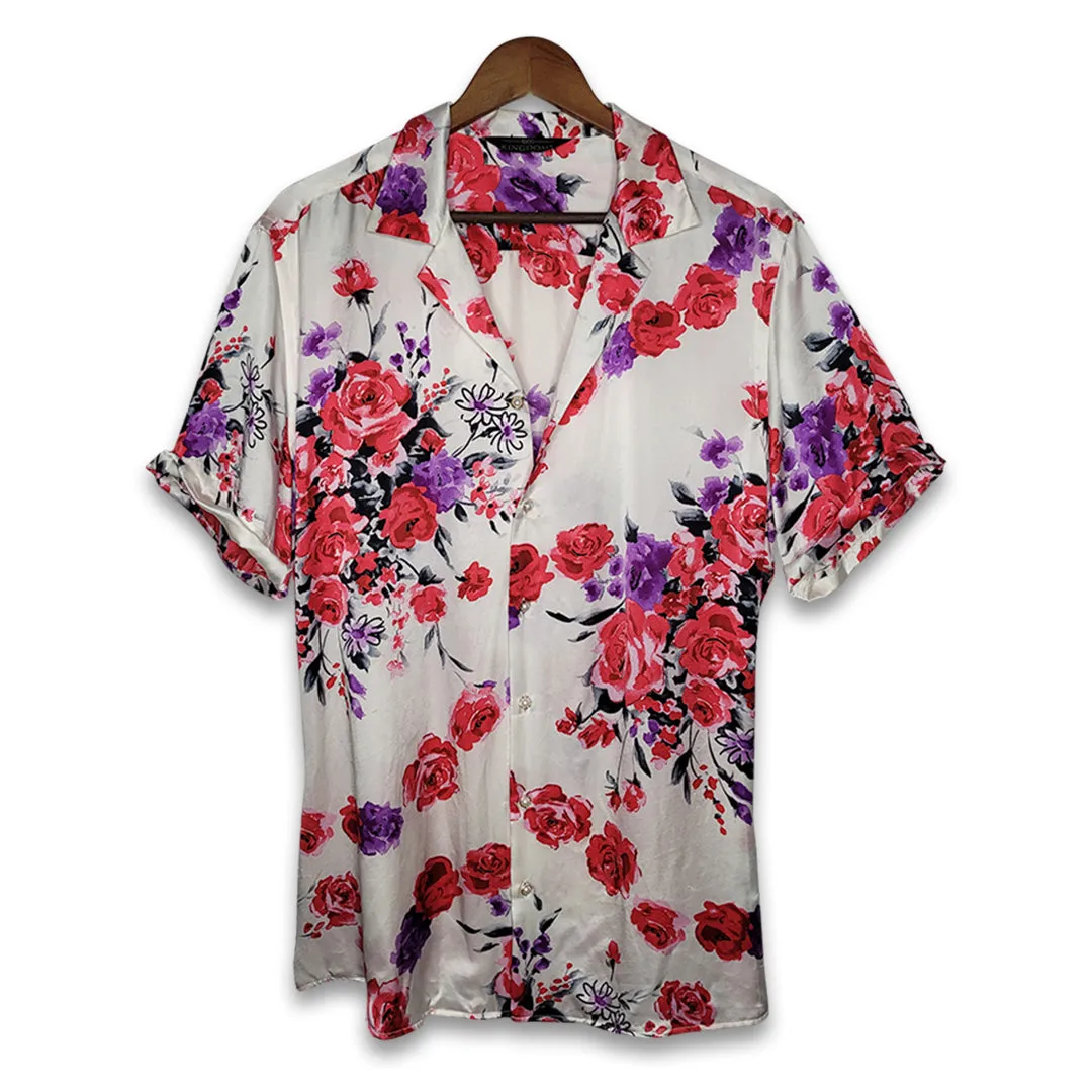 Mens White Floral Short Sleeve Silk Shirt