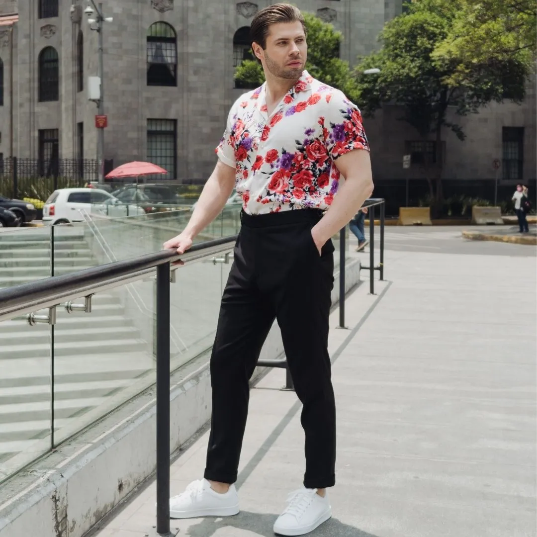 Mens White Floral Short Sleeve Silk Shirt