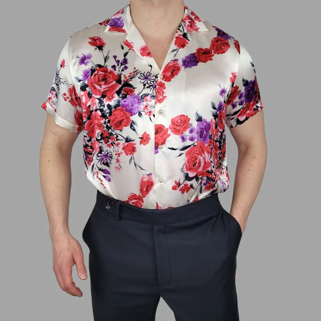 Mens White Floral Short Sleeve Silk Shirt